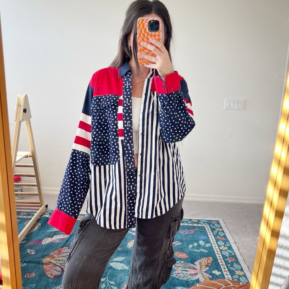 Vintage Red Navy White Patchwork Button-Down Shirt